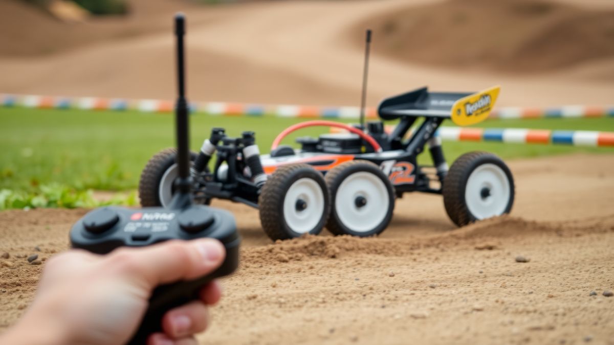 RC-Buggy mit Empfängerantenne auf einer Strecke, Fernsteuerung im Vordergrund