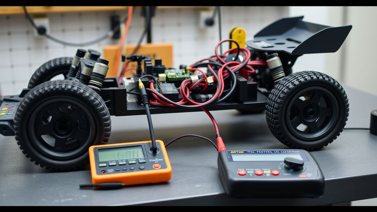 RC-Car ohne Karosserie auf der Werkbank, daneben Messgeräte zur Fehlersuche
