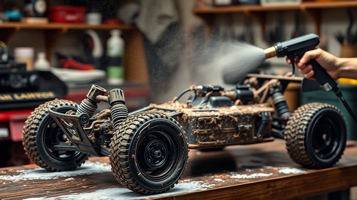 Schmutziges RC-Car wird nach der Fahrt mit Druckluft gereinigt
