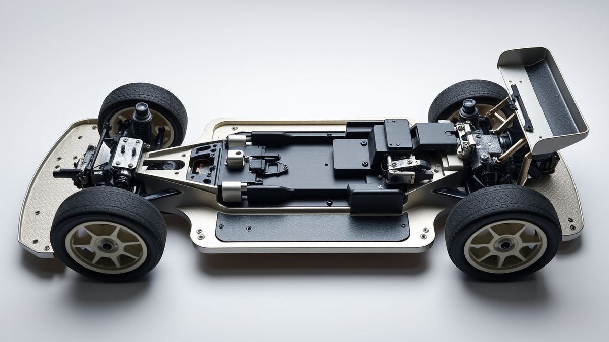 Nacktes RC-Car-Chassis mit Querlenkern und Dämpfern ohne Karosserie