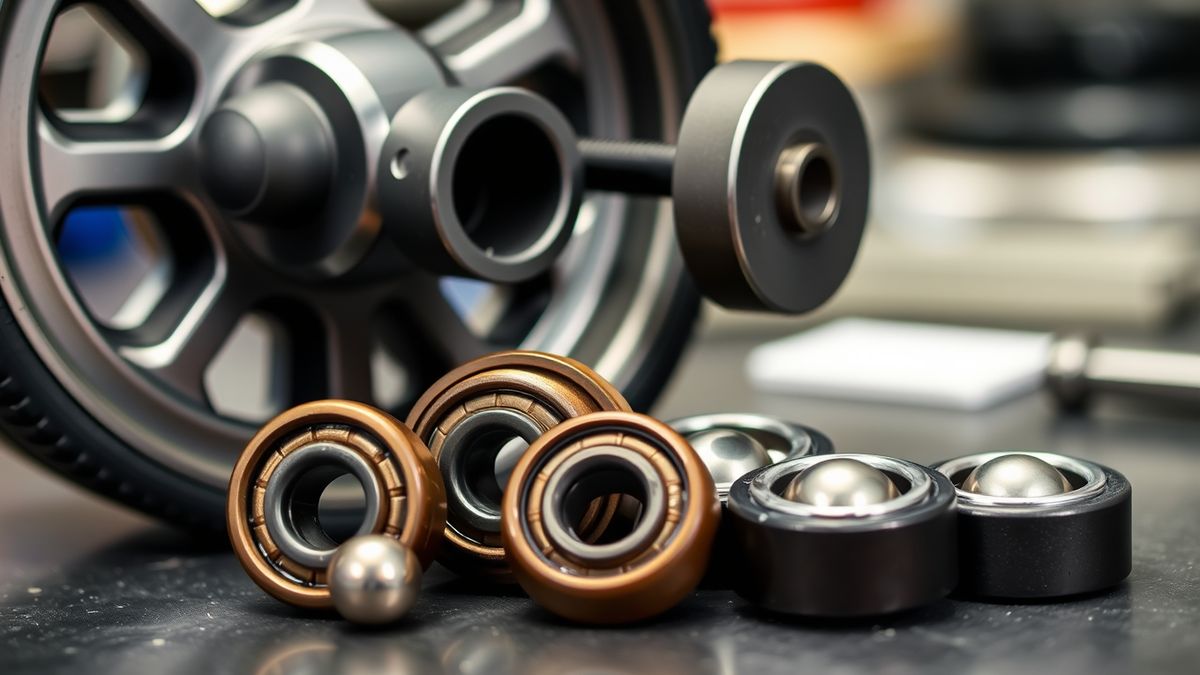 Kleine Kugellager in verschiedenen Größen neben Radteilen eines RC-Cars