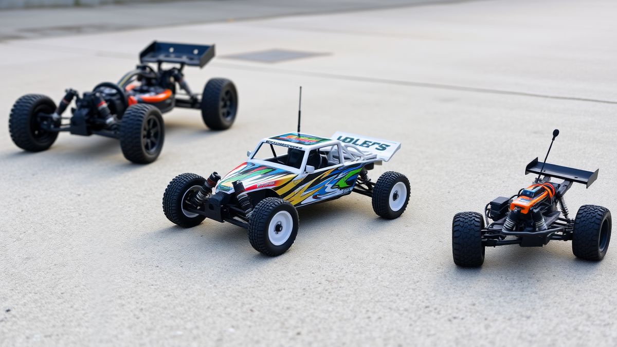 Drei RC-Autos in unterschiedlichen Größen nebeneinander auf Beton
