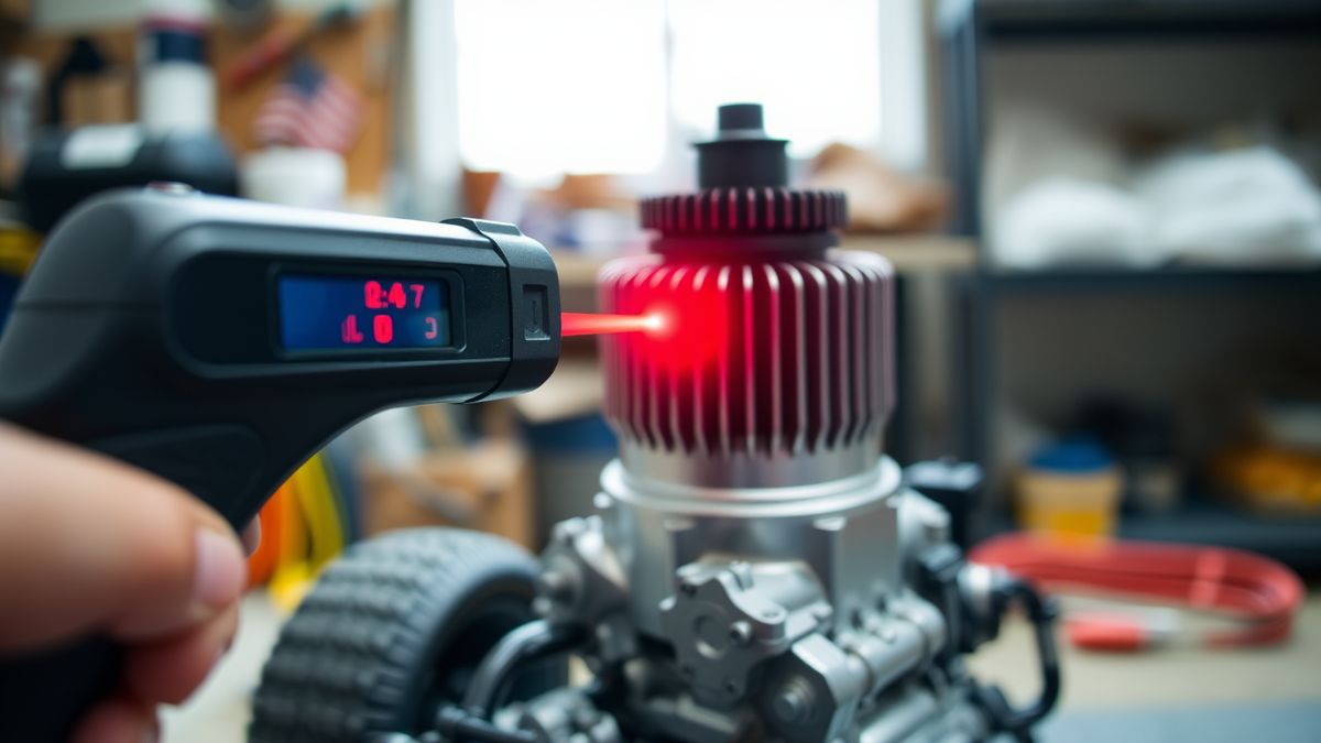 Infrarot-Thermometer misst die Temperatur am Kühlkopf eines RC-Verbrennermotors