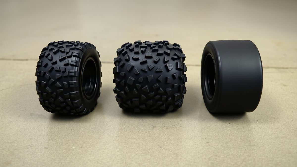 Drei RC-Reifen mit Stollenprofil und ein Slick nebeneinander