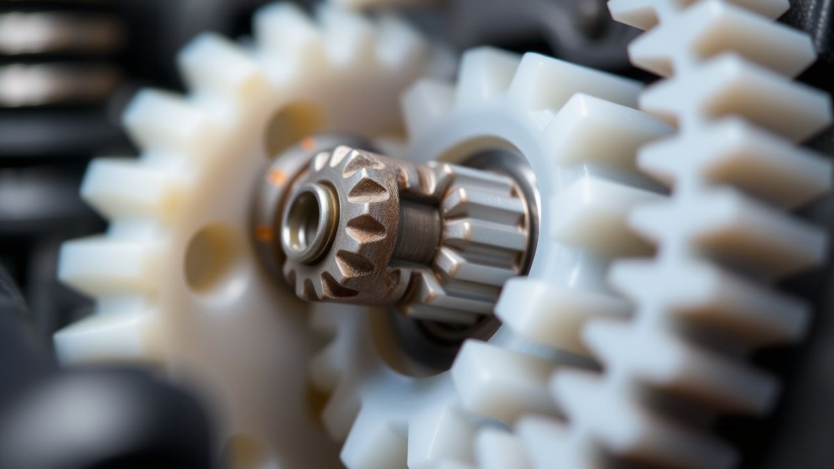 Motorritzel greift in ein großes Kunststoff-Hauptzahnrad eines RC-Cars