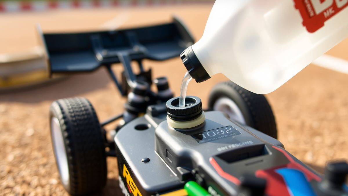 Sprit wird aus einer Flasche in den Tank eines Nitro-RC-Buggys gefüllt